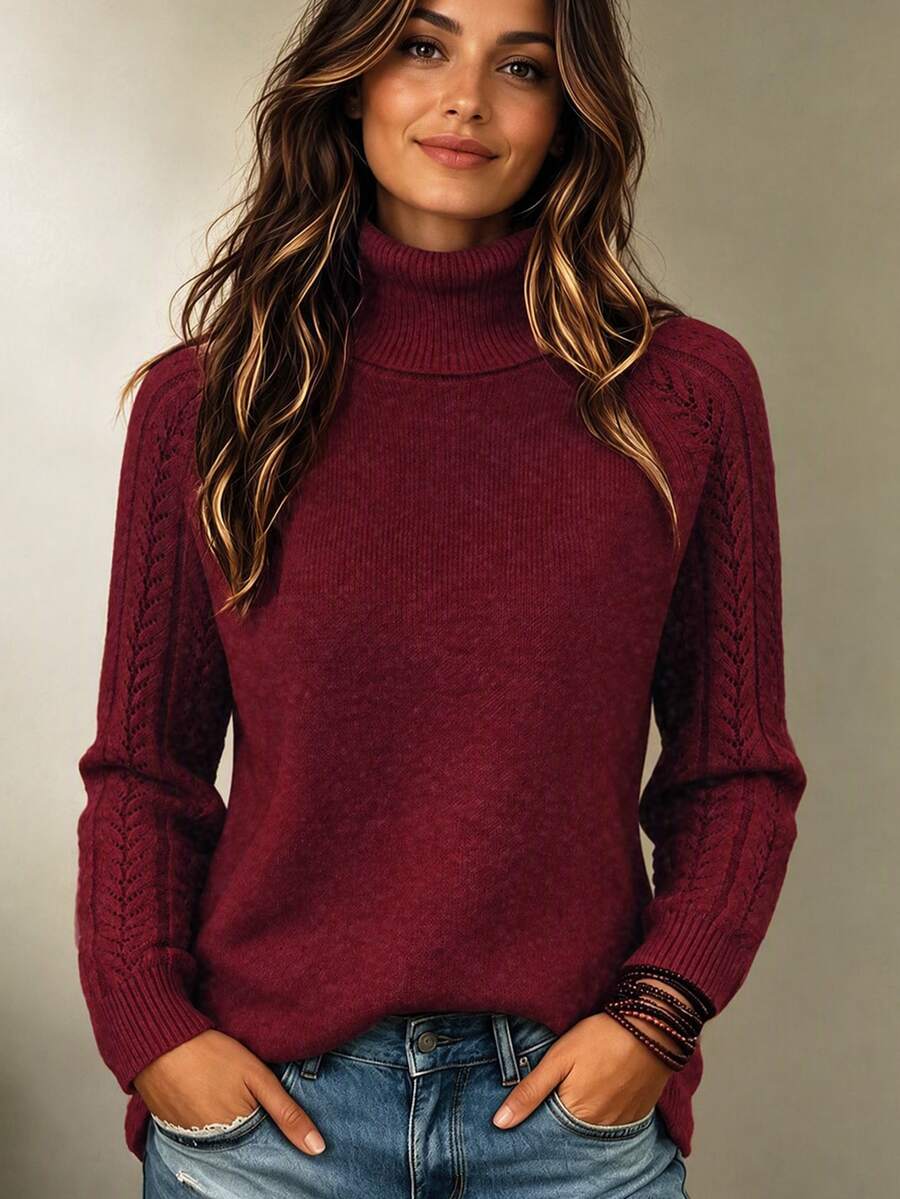 SHEIN Solid Color High Neck Casual Versatile Long Sleeve Pullover Sweater, Long Sleeve Top Knit Pullover Fall Winter - Burgundy - View 1