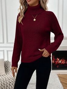 SHEIN Solid Color High Neck Casual Versatile Long Sleeve Pullover Sweater, Long Sleeve Top Knit Pullover Fall Winter - Burgundy - View 7