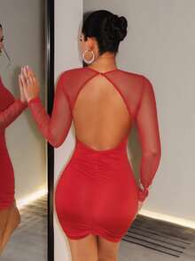 SHEIN BamGlam Women's Sexy Mesh Patchwork Dress, Sheer Long Sleeve Ruched Fitted Asymmetrical Party Dress - Red - View 3