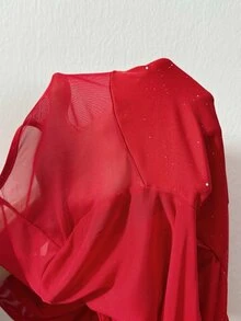 SHEIN BamGlam Women's Sexy Mesh Patchwork Dress, Sheer Long Sleeve Ruched Fitted Asymmetrical Party Dress - Red - View 9