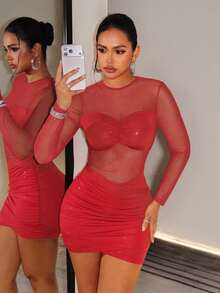 SHEIN BamGlam Women's Sexy Mesh Patchwork Dress, Sheer Long Sleeve Ruched Fitted Asymmetrical Party Dress - Red - View 5