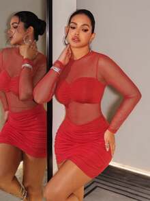 SHEIN BamGlam Women's Sexy Mesh Patchwork Dress, Sheer Long Sleeve Ruched Fitted Asymmetrical Party Dress - Red - View 7