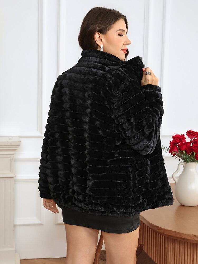 Easowa Curve Plus Size Casual Reversible Fleece Patchwork Jacket For Winter Winter Clothes - Black - View 9