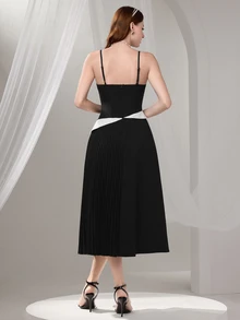 Poshira 女士优雅撞色褶皱吊带背心礼服女士礼服女士西式连衣裙女士复活节连衣裙女士迷你连衣裙女士长袖连衣裙，毕业礼物毕业礼服，女士时尚礼服，串珠设计，亮片，吊带女士夏季连衣裙，派对礼服，舞会礼服 - 黑色 - 查看 3