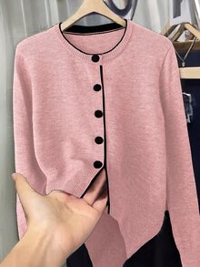 Franclia كارديجان صوف محبوك فضفاض برقبة دائرية بتصميم ألوان متباينة على طراز المدونين الجديد الأوروبي والأمريكي - وردي - مشاهدة 1