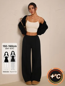 SHEIN PETITE 女款素色休閒百搭日常穿著長褲 - 黑色 - 查看 8