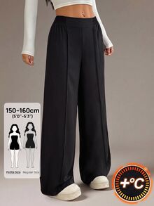 SHEIN PETITE 女款素色休閒百搭日常穿著長褲 - 黑色 - 查看 9