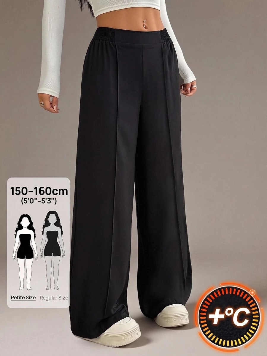 SHEIN PETITE بنطلون طويل نسائي بلون موحد كاجوال متعدد الاستخدامات للارتداء اليومي - الأسود - مشاهدة 1