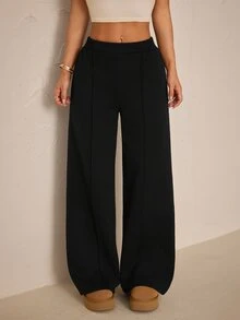 SHEIN PETITE 女款素色休閒百搭日常穿著長褲 - 黑色 - 查看 6