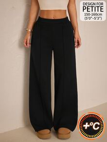 SHEIN PETITE 女款素色休閒百搭日常穿著長褲 - 黑色 - 查看 11