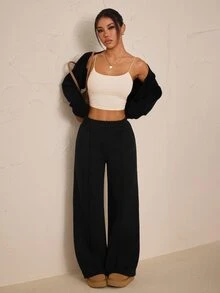SHEIN PETITE 女款素色休閒百搭日常穿著長褲 - 黑色 - 查看 3
