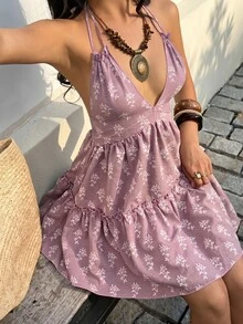 Sunnyshic 女款春夏優雅休閒百搭時尚日常純色度假亞麻質感面料露背掛脖繫帶蝴蝶結短洋裝 - 紫丁香色 - 查看 4
