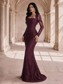 Coutiva Women's Lace Ruched Long Sleeve Mermaid Evening Gown Dress - Burgundy - View 3