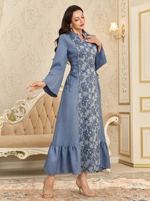 Al Najma Stand Collar Lace-Up Women Arabic Style Dress, Arabian Dresses,Modest - Blue - View 9