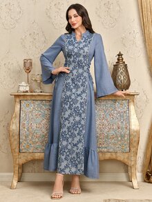 Al Najma Stand Collar Lace-Up Women Arabic Style Dress, Arabian Dresses,Modest - Blue - View 4