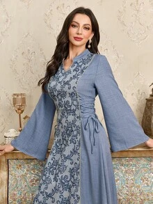 Al Najma Stand Collar Lace-Up Women Arabic Style Dress, Arabian Dresses,Modest - Blue - View 7