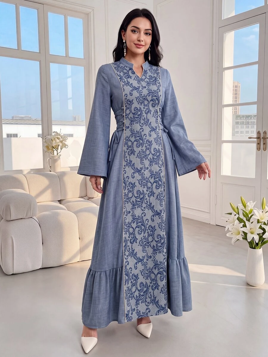 Al Najma Stand Collar Lace-Up Women Arabic Style Dress, Arabian Dresses,Modest