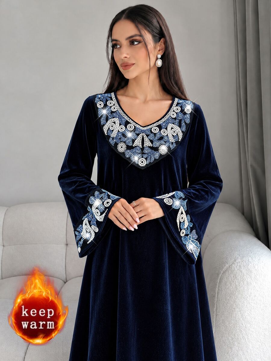 Al Najma Women Fall Winter Navy Blue Velvet V Neck Blue White Embroidery Flare Sleeve Loose Gown For Dinner Party Family Gathering Festival Guest Wear