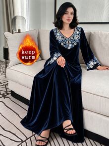 Al Najma Women Fall Winter Navy Blue Velvet V Neck Blue White Embroidery Flare Sleeve Loose Gown For Dinner Party Family Gathering Festival Guest Wear - Blue - View 5