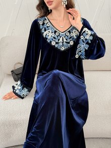Al Najma Women Fall Winter Navy Blue Velvet V Neck Blue White Embroidery Flare Sleeve Loose Gown For Dinner Party Family Gathering Festival Guest Wear - Blue - View 10