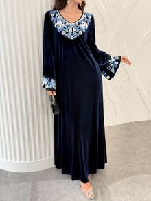 Al Najma Women Fall Winter Navy Blue Velvet V Neck Blue White Embroidery Flare Sleeve Loose Gown For Dinner Party Family Gathering Festival Guest Wear - Blue - View 8