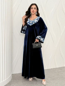 Al Najma Women Fall Winter Navy Blue Velvet V Neck Blue White Embroidery Flare Sleeve Loose Gown For Dinner Party Family Gathering Festival Guest Wear - Blue - View 7