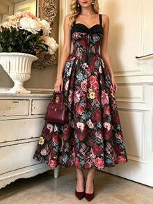 GlowEve CURVE Plus Size Ditsy Floral Wide Strap Cinched Waist Flattering Full Skirt Evening Dress For Women - Black - View 4