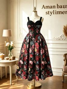 GlowEve CURVE Plus Size Ditsy Floral Wide Strap Cinched Waist Flattering Full Skirt Evening Dress For Women - Black - View 3