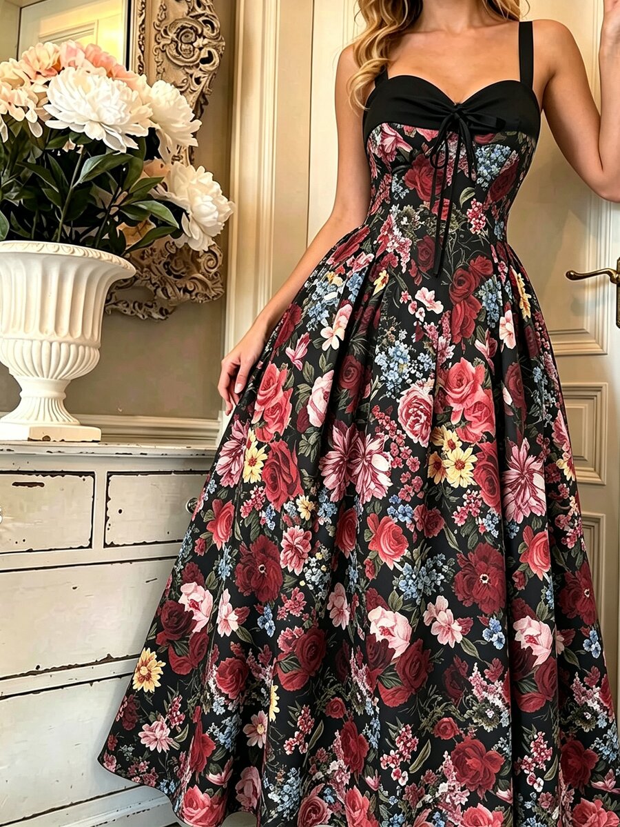GlowEve CURVE Plus Size Ditsy Floral Wide Strap Cinched Waist Flattering Full Skirt Evening Dress For Women - Black - View 1