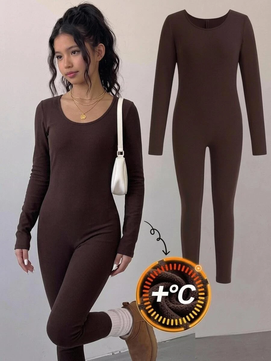 Girlism Tween Girls Brown Knit Fleece Long Sleeve Slim Fit Jumpsuit, Round Neck, Fall Outfits, Fall Tops, Sweaters, Winter, Cozy, Sleek, Daily, Fitted - Coffee Brown - View 1