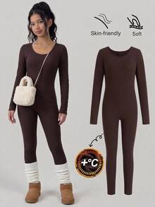Girlism Tween Girls Brown Knit Fleece Long Sleeve Slim Fit Jumpsuit, Round Neck, Fall Outfits, Fall Tops, Sweaters, Winter, Cozy, Sleek, Daily, Fitted - Coffee Brown - View 3