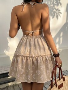 Sunnyshic 女款春夏優雅休閒百搭時尚日常純色度假亞麻感紋理面料露背掛脖綁繩蝴蝶結短洋裝 - 卡其色 - 查看 2