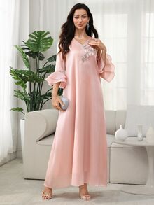 Al Najma 女式 V 领串珠花朵层叠荷叶边袖阿拉伯连衣裙，春夏全长 Jalabiya 女式休闲连衣裙，端庄 - 粉色 - 查看 8