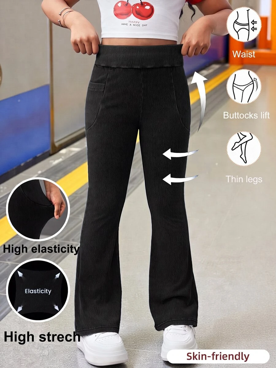 SHEIN Tween Girl Fashion Casual Basic Comfort Yoga Fitness Blue Knitted Stretch Tight Flared Jeans Soft Dailywear And Summer And Spring Rave Festival And Beach - Black - View 1