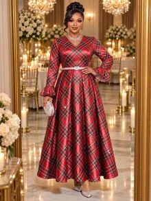 Fleurora Plus Size Women's Plaid V-Neck Casual Party Dress Christmas Dress Christmas Party Dress Party Dress Church Dress Halloween Cosplay Red Dress - Red - View 5