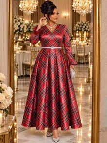 Fleurora Plus Size Women's Plaid V-Neck Casual Party Dress Christmas Dress Christmas Party Dress Party Dress Church Dress Halloween Cosplay Red Dress - Red - View 3