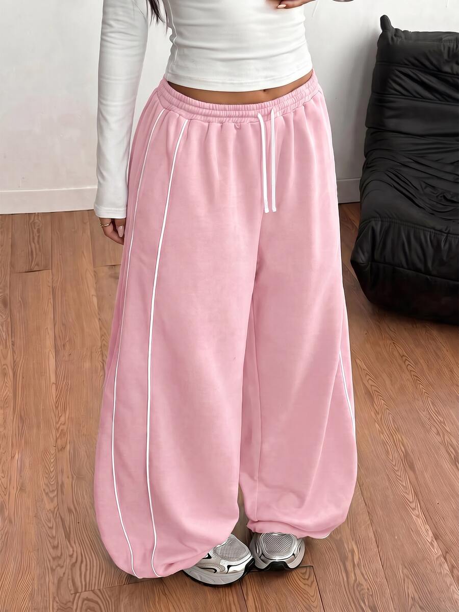 SHEIN 青少年女孩休閒收腰黑色印花寬鬆運動長褲,開學穿搭,百搭日常款 - 粉色 - 查看 1