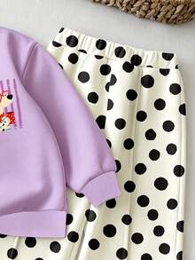 THE HAPPY LOOK 女童休閒復古塗鴉甜美小狗拼色波點圖案，寬鬆落肩長袖衛衣與百褶寬腿運動褲套裝，韓系風格，輕鬆舒適，時尚童裝，Y2K，可愛，派對，日常，度假，舒適 - 彩色 - 查看 10