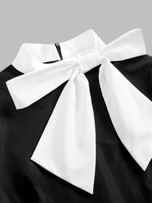 SHEIN 青少年女孩針織黑白對比蝴蝶結休閒優雅長袖洋裝 - 黑與白 - 查看 3