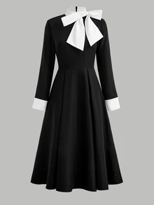 SHEIN 青少年女孩針織黑白對比蝴蝶結休閒優雅長袖洋裝 - 黑與白 - 查看 2