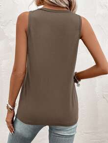 Solivie Half Button Patched Pocket Tank Top - Coffee Brown - View 2