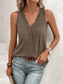 Solivie Half Button Patched Pocket Tank Top - Coffee Brown - View 4