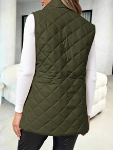 Solivie 女款絎縫拉鍊加厚背心外套，休閒復古秋冬日常旅行橄欖綠 - 軍綠色 - 查看 2