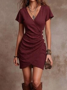 Solivie Women's Short Sleeve Dress With Waist Pleats - Burgundy - View 3