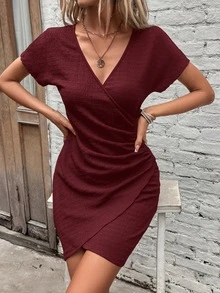 Solivie Women's Short Sleeve Dress With Waist Pleats - Burgundy - View 8