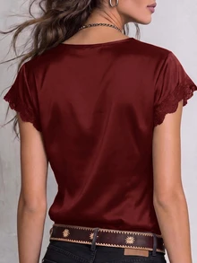 Solivie Women's Summer Elegant Satin Lace Trim Blouse - Burgundy - View 2