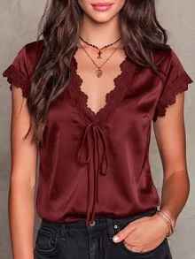 Solivie Women's Summer Elegant Satin Lace Trim Blouse - Burgundy - View 7