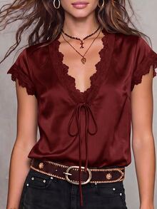 Solivie Women's Summer Elegant Satin Lace Trim Blouse - Burgundy - View 9