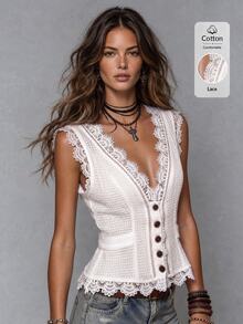 Solivie 女士单排扣休闲百搭日常短袖衬衫 - 白色 - 查看 9