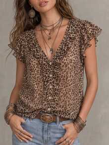 Solivie Women's Summer Fashion Leopard Print Ruffle Blouse Vacation Brown Zebra Print Boho Vacation Going Out Vacation - Multicolor - View 8